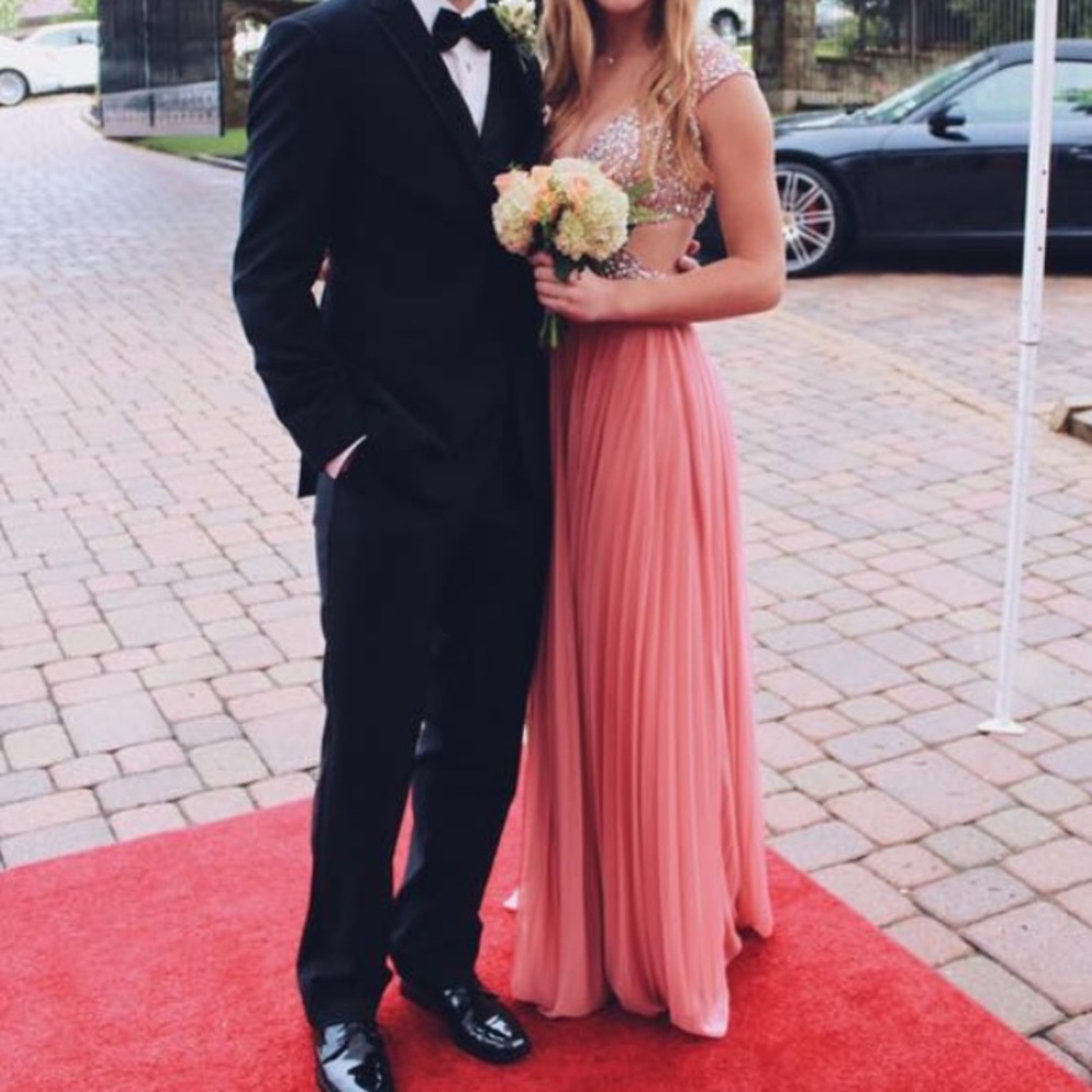 Betsy and Adam salmon-pink cut out prom dress - Picture 2 of 7